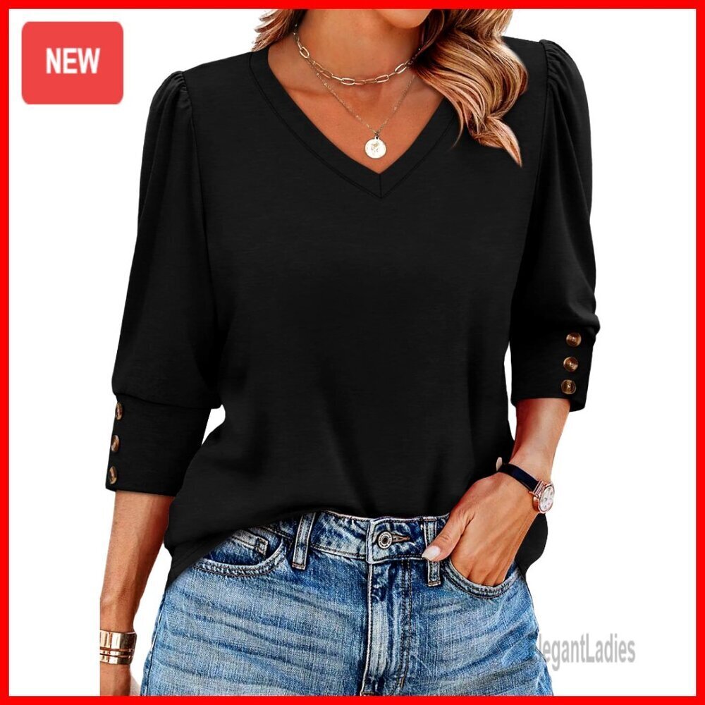 3/4 Sleeve V-Neck Blouse with Puff Sleeves, Loose Fit Tunic Top